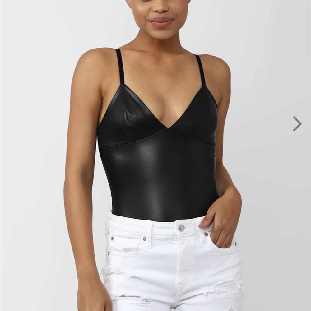 Faux leather bodysuit plunge cut